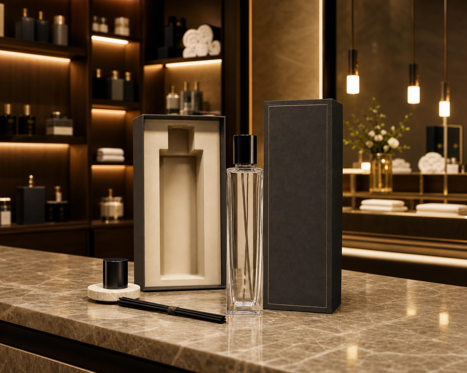 retail packaging image of Rectangular Diffuser Bottle showing gift box and shelf presentation