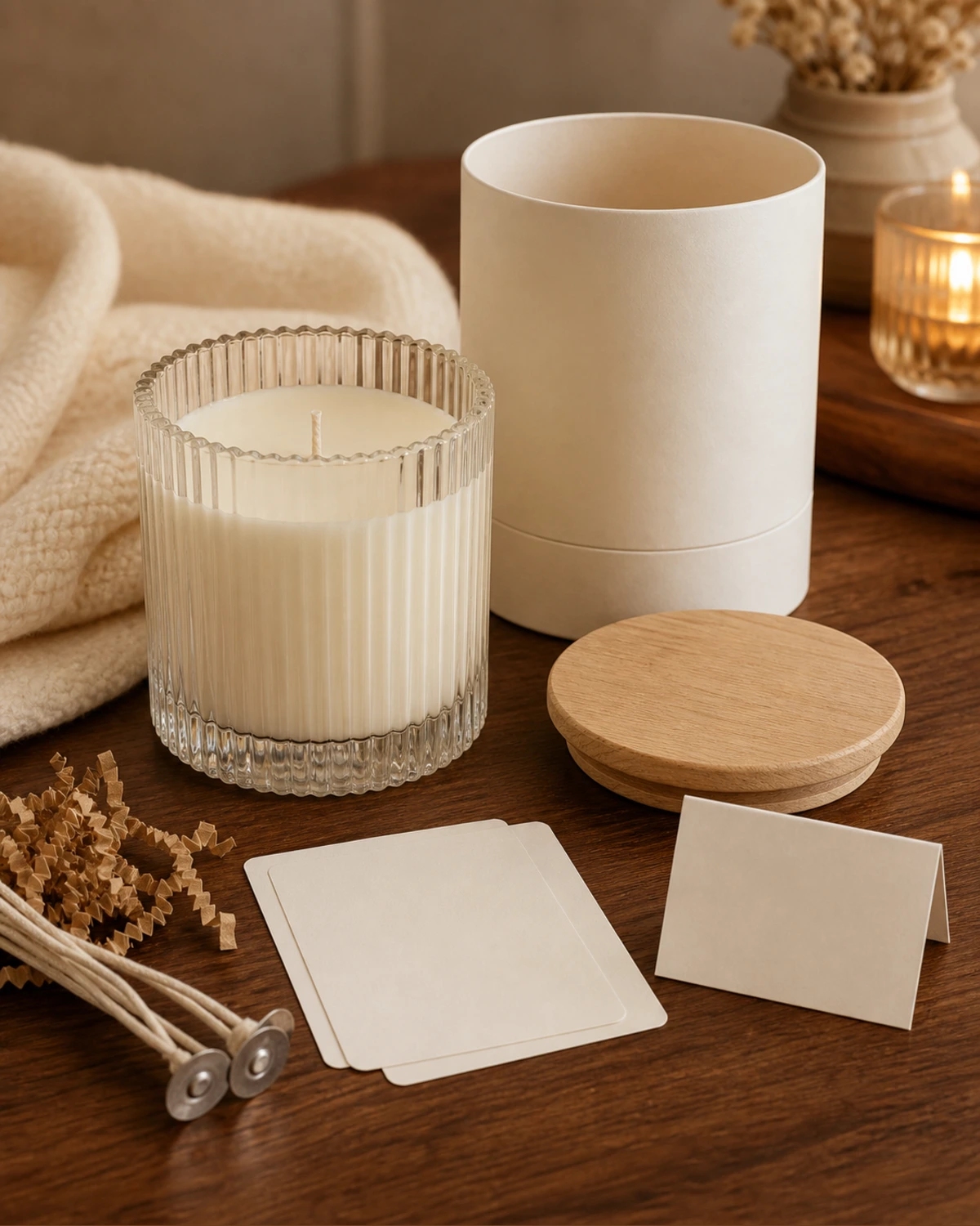 accessory detail image of Ribbed Glass Candle Jar showing closure, label and packaging components