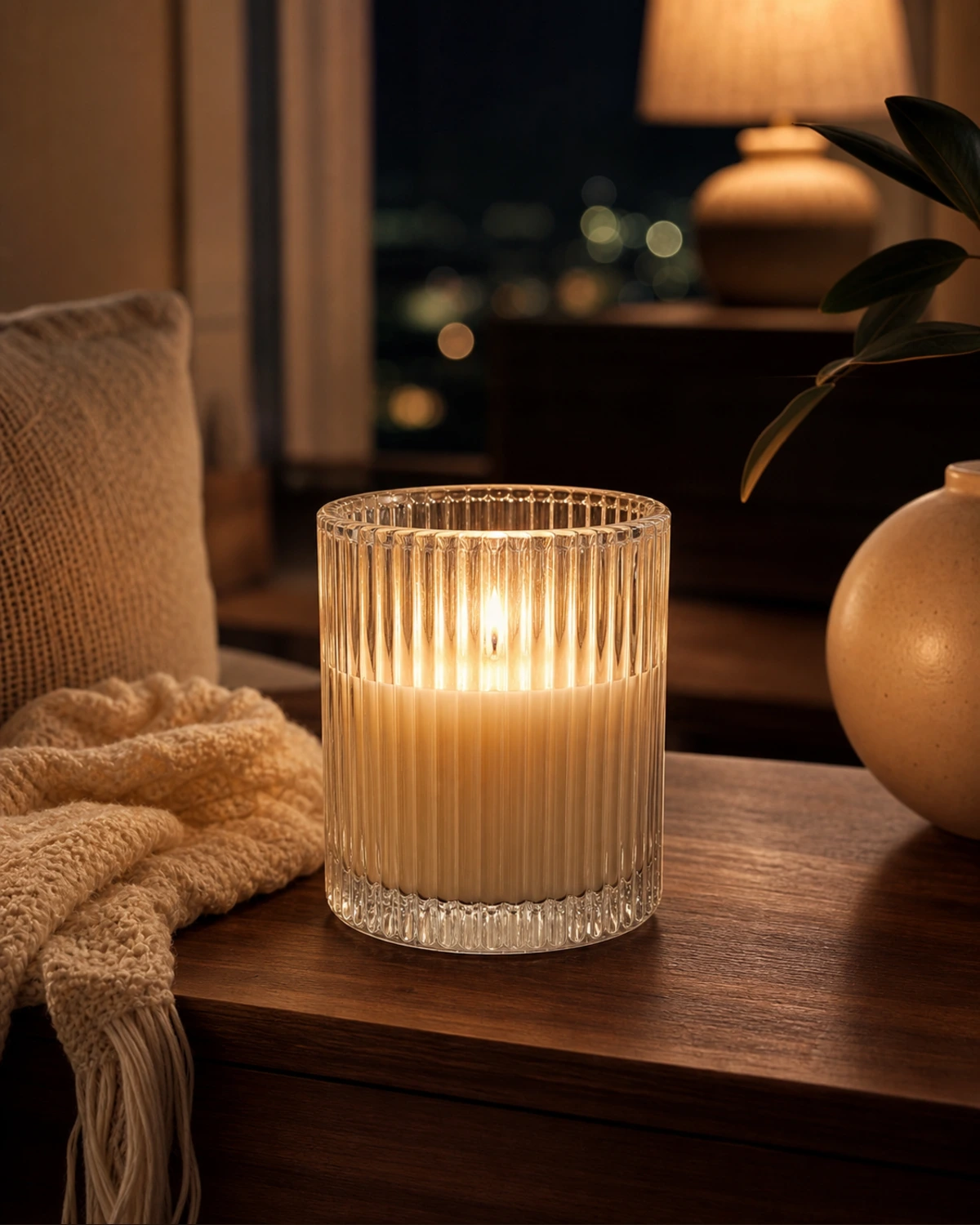 Ribbed Glass Candle Jar lifestyle campaign image showing home fragrance application scene