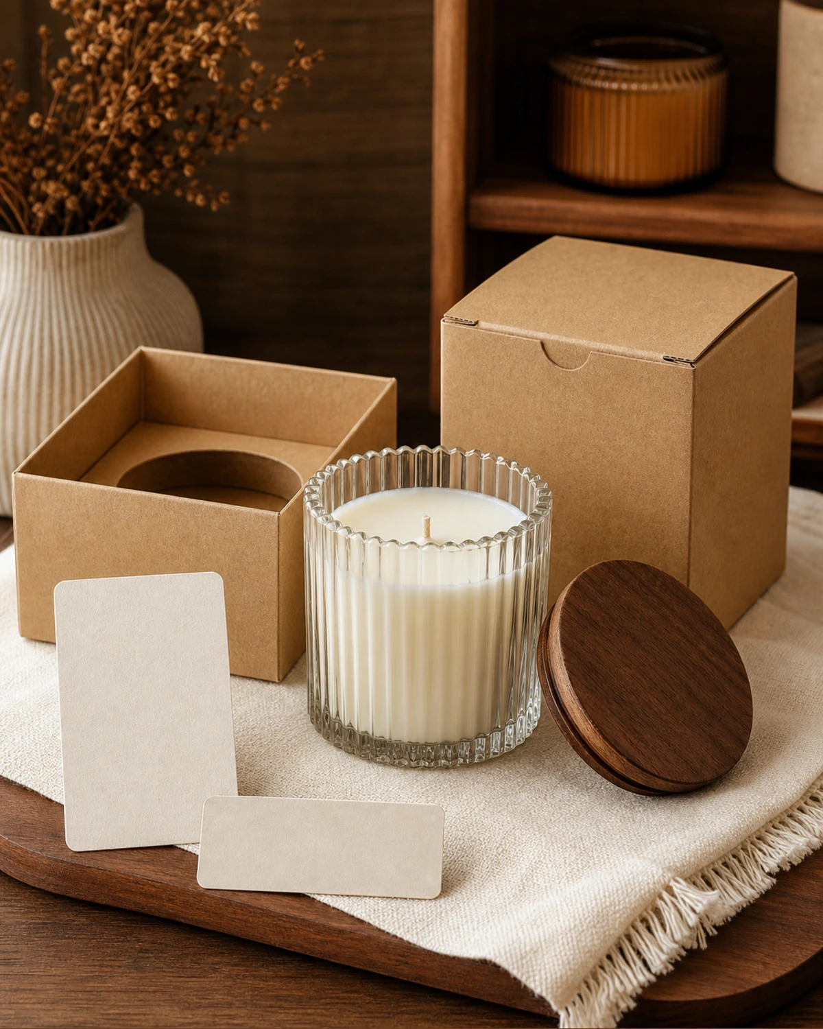 retail packaging image of Ribbed Glass Candle Jar showing gift box and shelf presentation