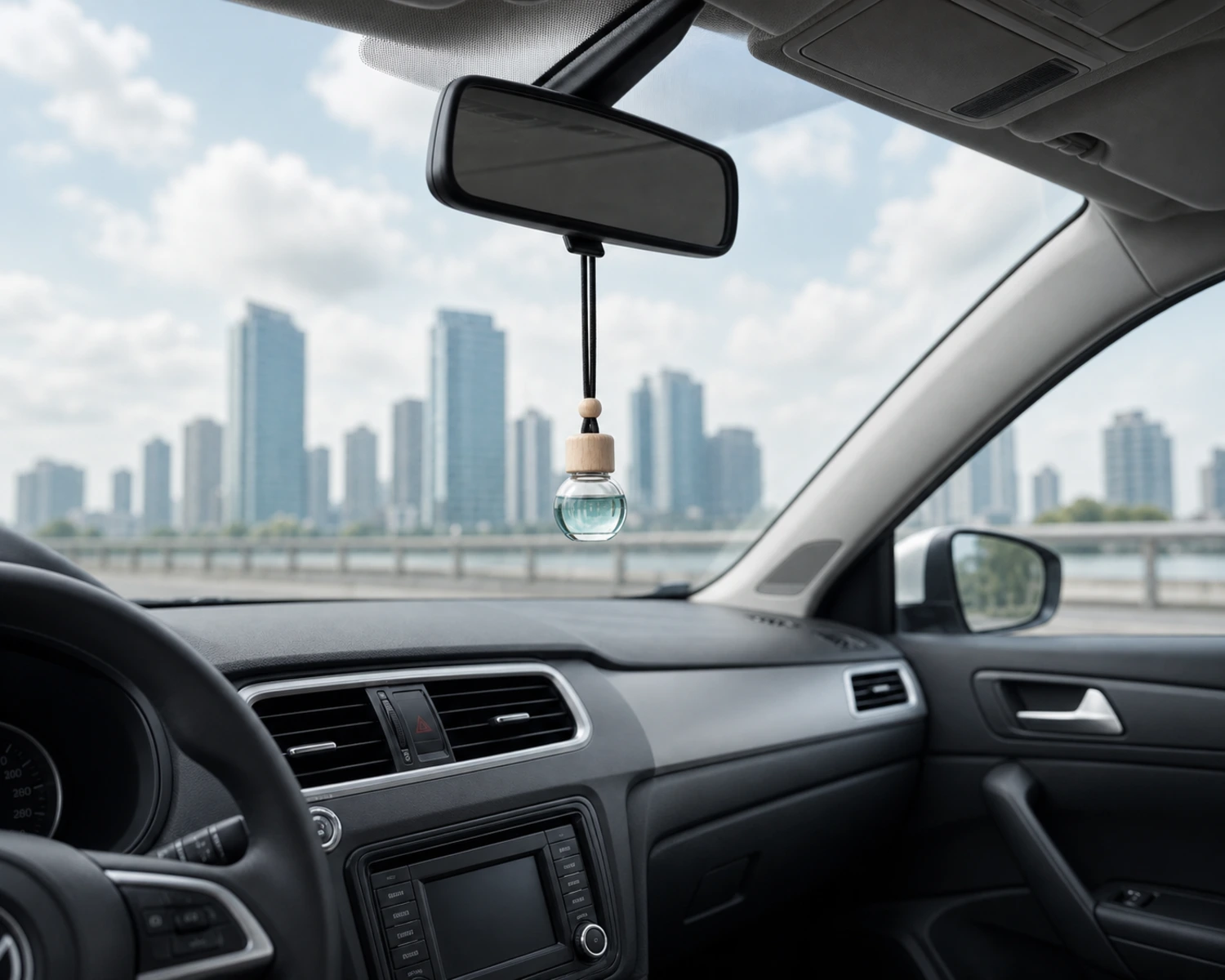 Round Car Diffuser Bottle lifestyle campaign image showing home fragrance application scene