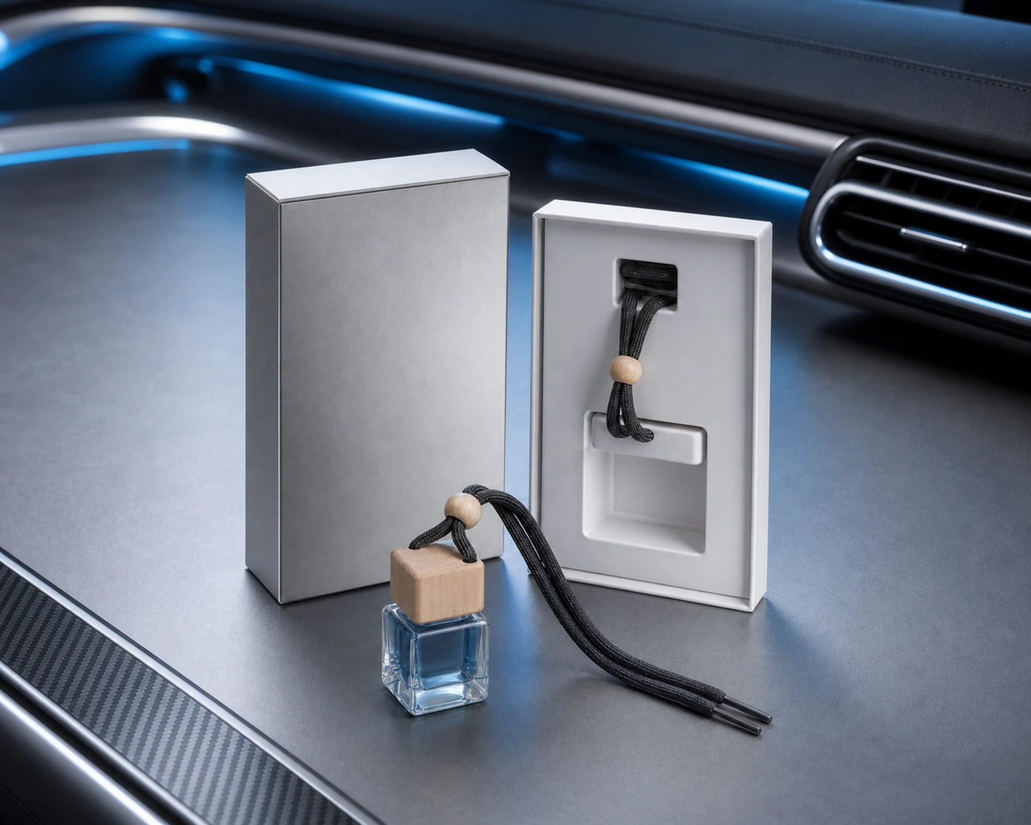 retail packaging image of Square Car Diffuser Bottle showing gift box and shelf presentation