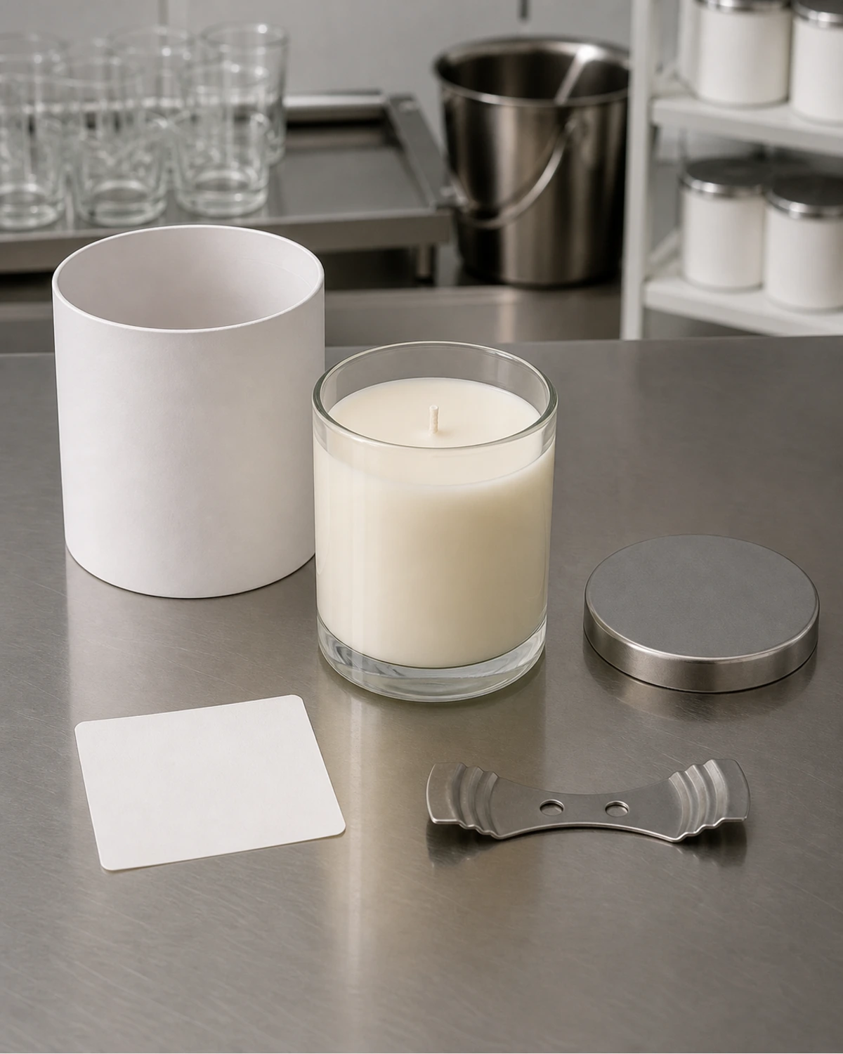 accessory detail image of Straight Sided Candle Jar showing closure, label and packaging components