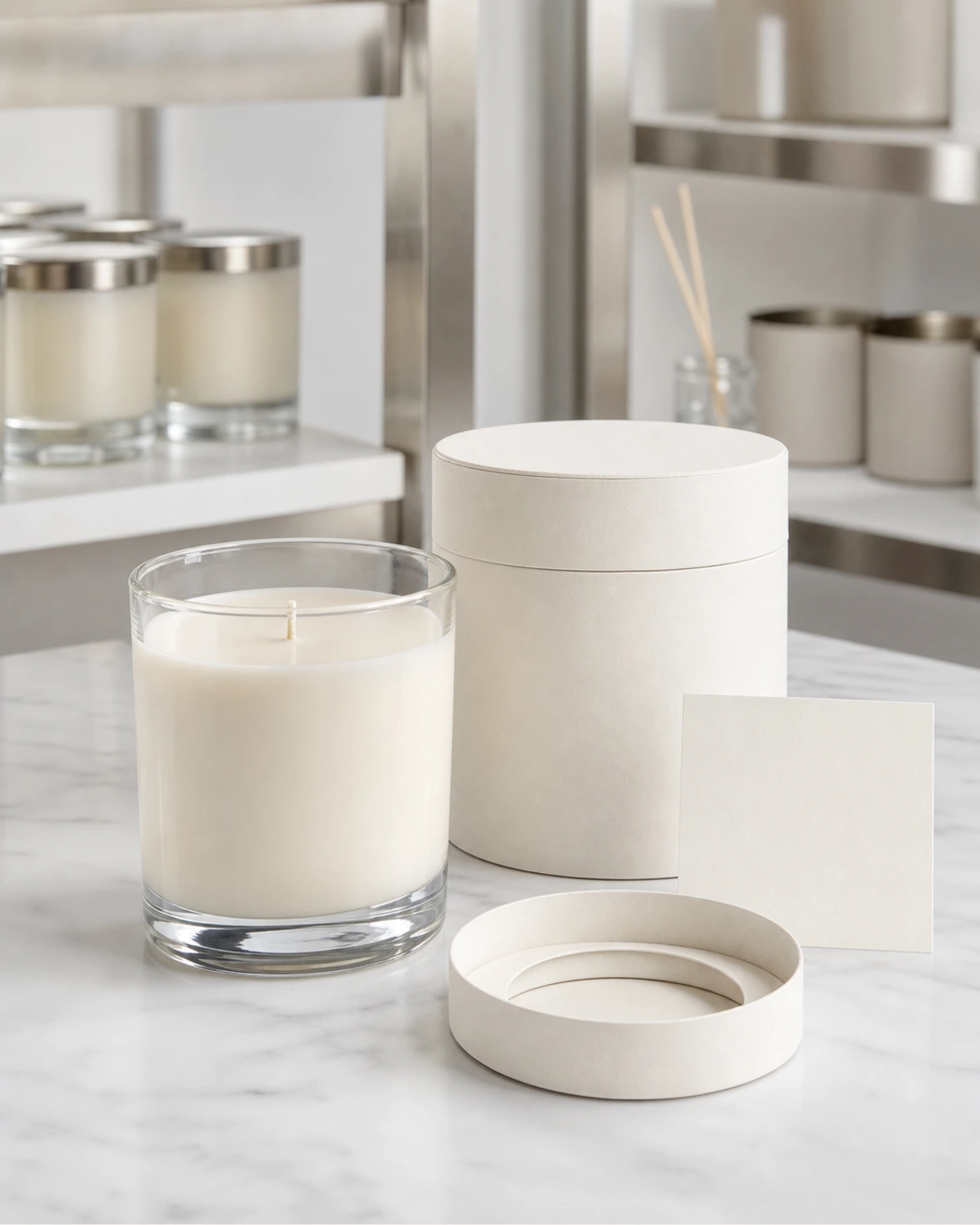 retail packaging image of Straight Sided Candle Jar showing gift box and shelf presentation