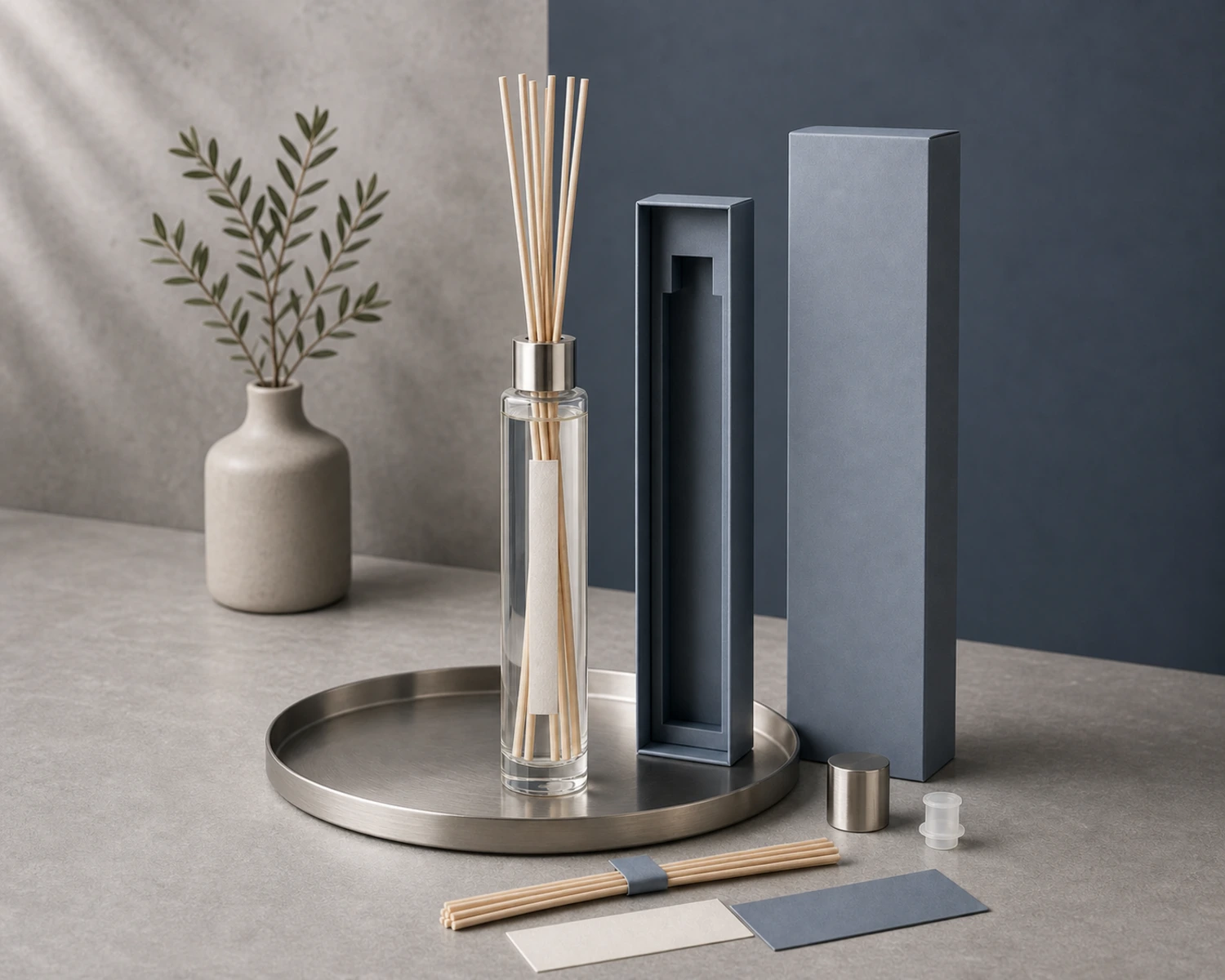 accessory detail image of Tall Slim Diffuser Bottle showing closure, label and packaging components