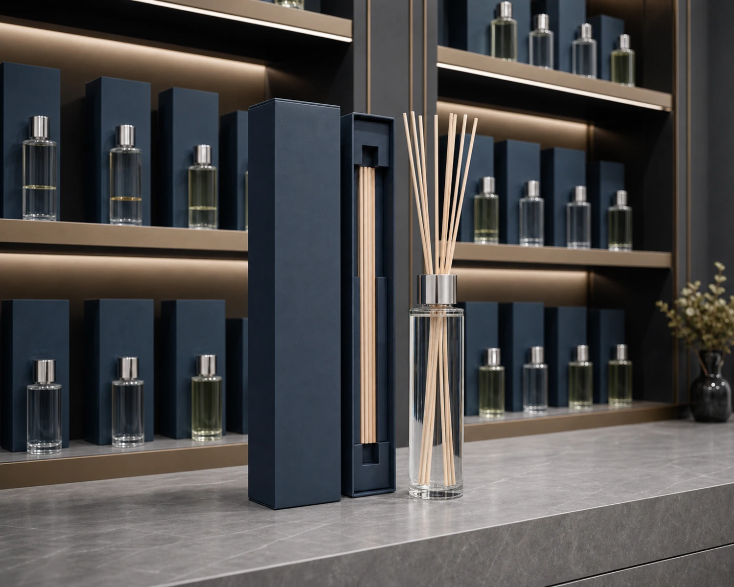 retail packaging image of Tall Slim Diffuser Bottle showing gift box and shelf presentation