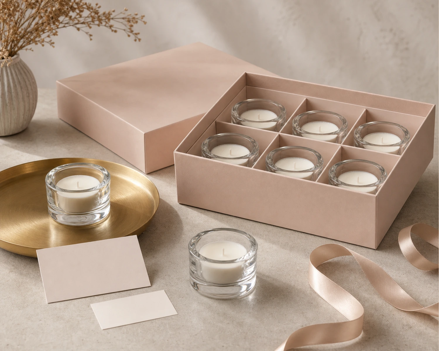 retail packaging image of Tealight Candle Holder showing gift box and shelf presentation