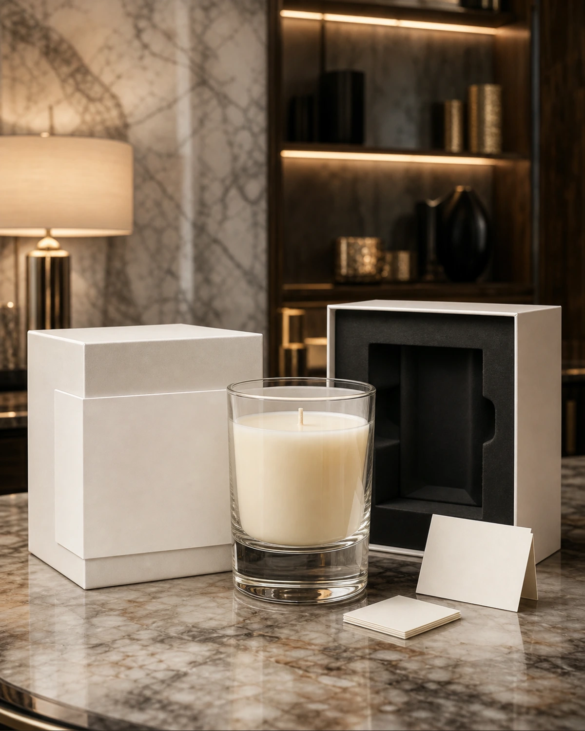 retail packaging image of Tumbler Candle Glass showing gift box and shelf presentation