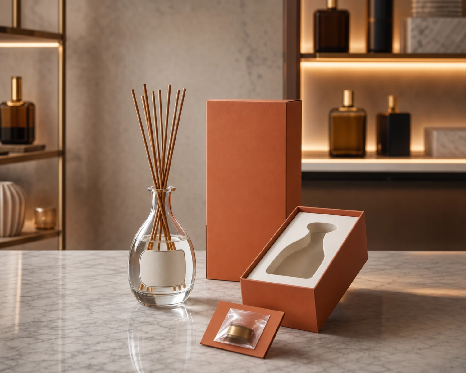 retail packaging image of Vase Diffuser Bottle showing gift box and shelf presentation
