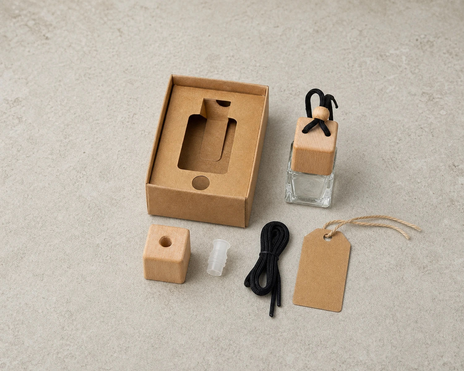 accessory detail image of Wooden Cap Car Diffuser Bottle showing closure, label and packaging components