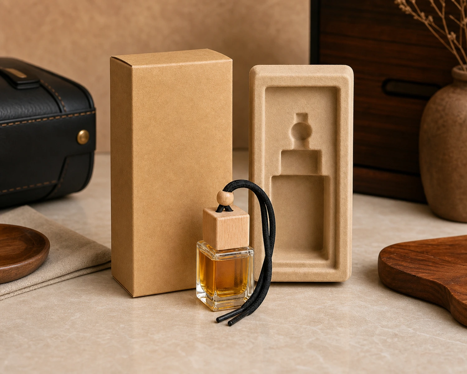 retail packaging image of Wooden Cap Car Diffuser Bottle showing gift box and shelf presentation