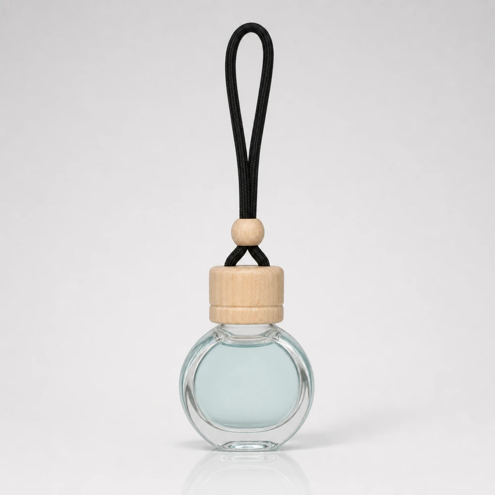 Round Car Diffuser Bottle with cap and hanging cord for car diffuser packaging - front view