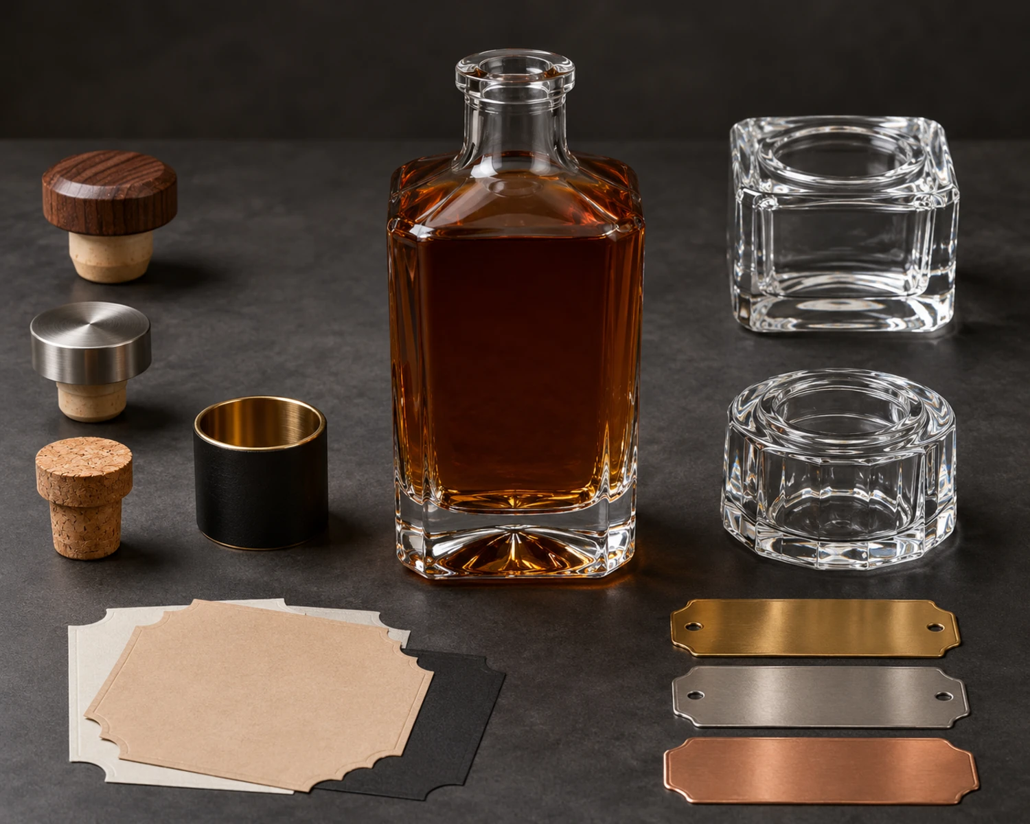 accessories detail image of Heavy-Base Whiskey Glass Bottle showing closure, cap, cork or liquor bottle components