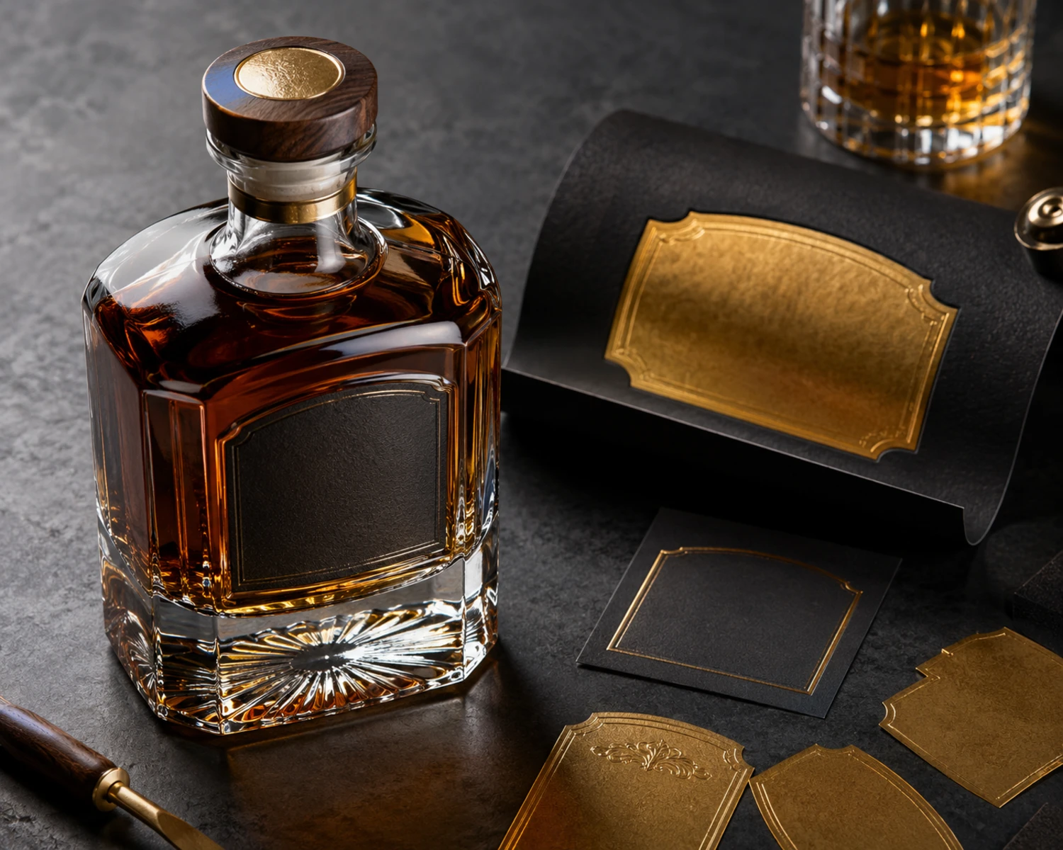 decoration process detail image of Heavy-Base Whiskey Glass Bottle showing finish, label area or glass treatment