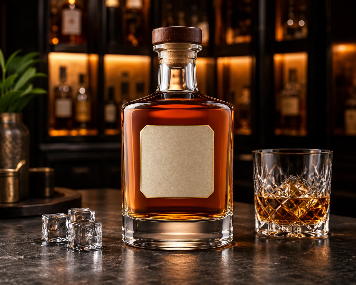 Heavy-Base Whiskey Glass Bottle finished bottle campaign image showing premium liquor glass packaging presentation