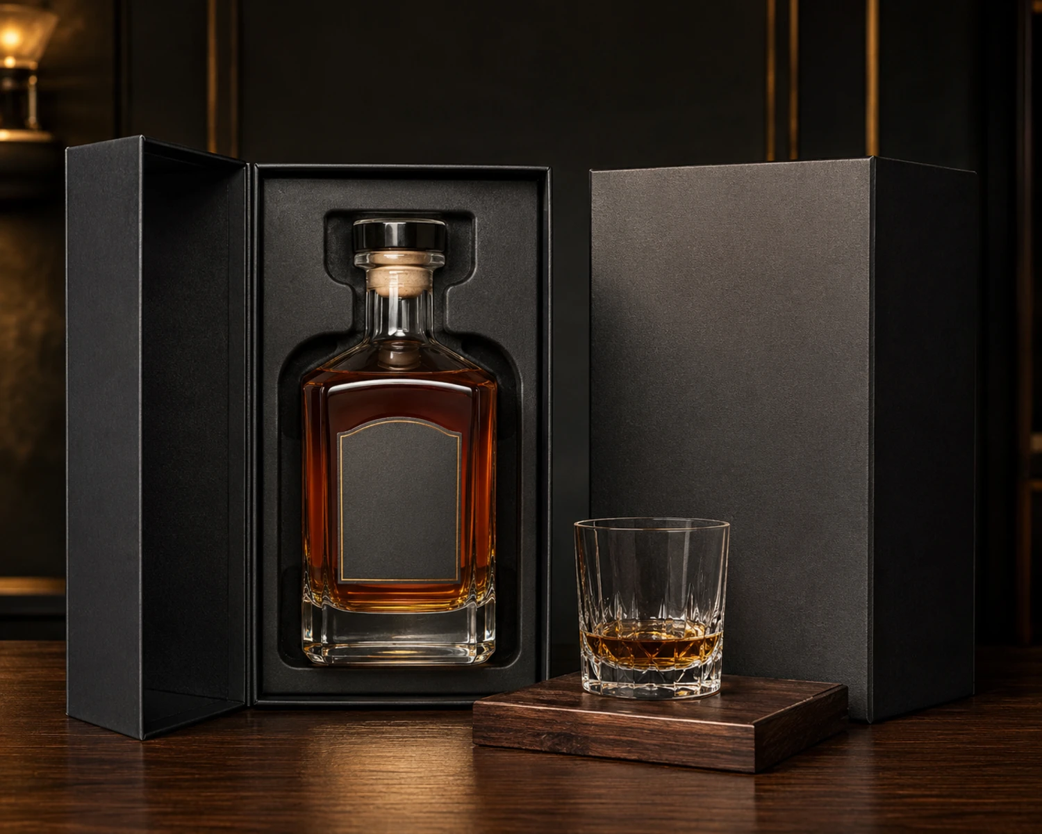 packaging detail image of Heavy-Base Whiskey Glass Bottle showing premium liquor retail or gift packaging