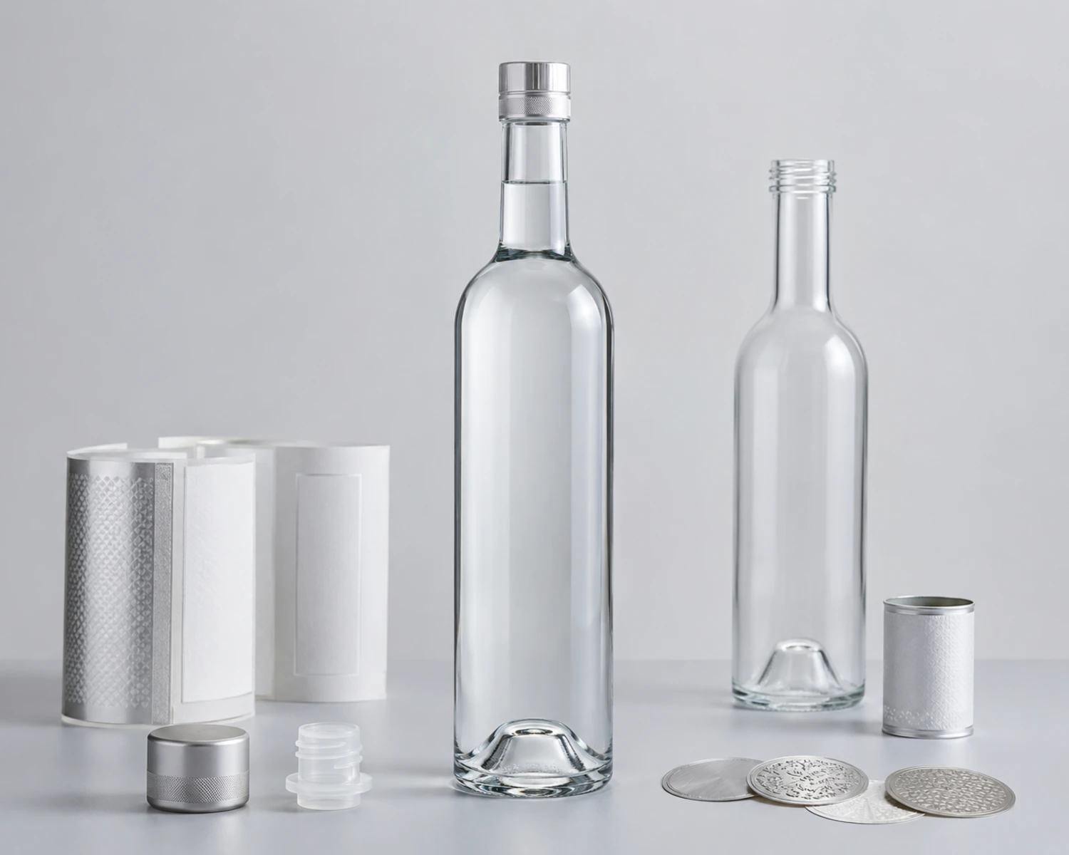 accessories detail image of Long-Neck Vodka Glass Bottle showing closure, cap, cork or liquor bottle components