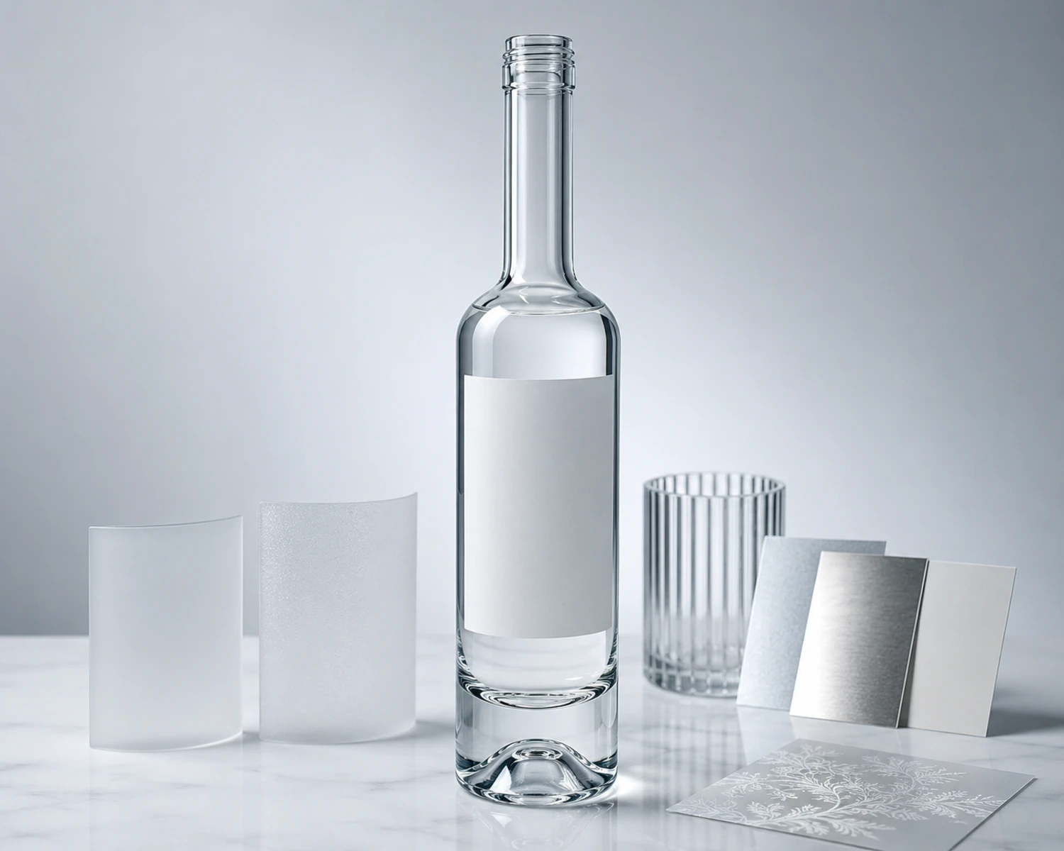 decoration process detail image of Long-Neck Vodka Glass Bottle showing finish, label area or glass treatment