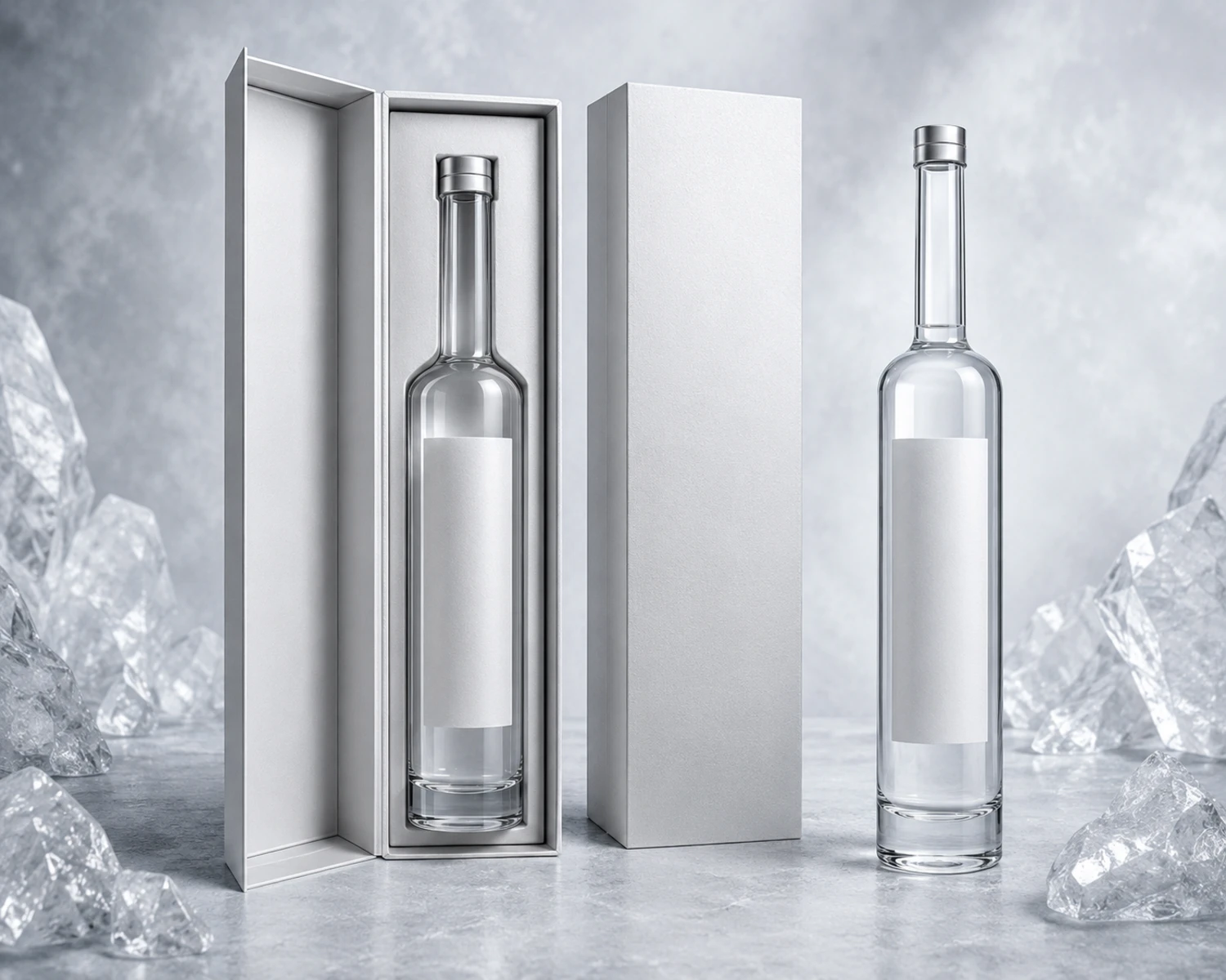 packaging detail image of Long-Neck Vodka Glass Bottle showing premium liquor retail or gift packaging