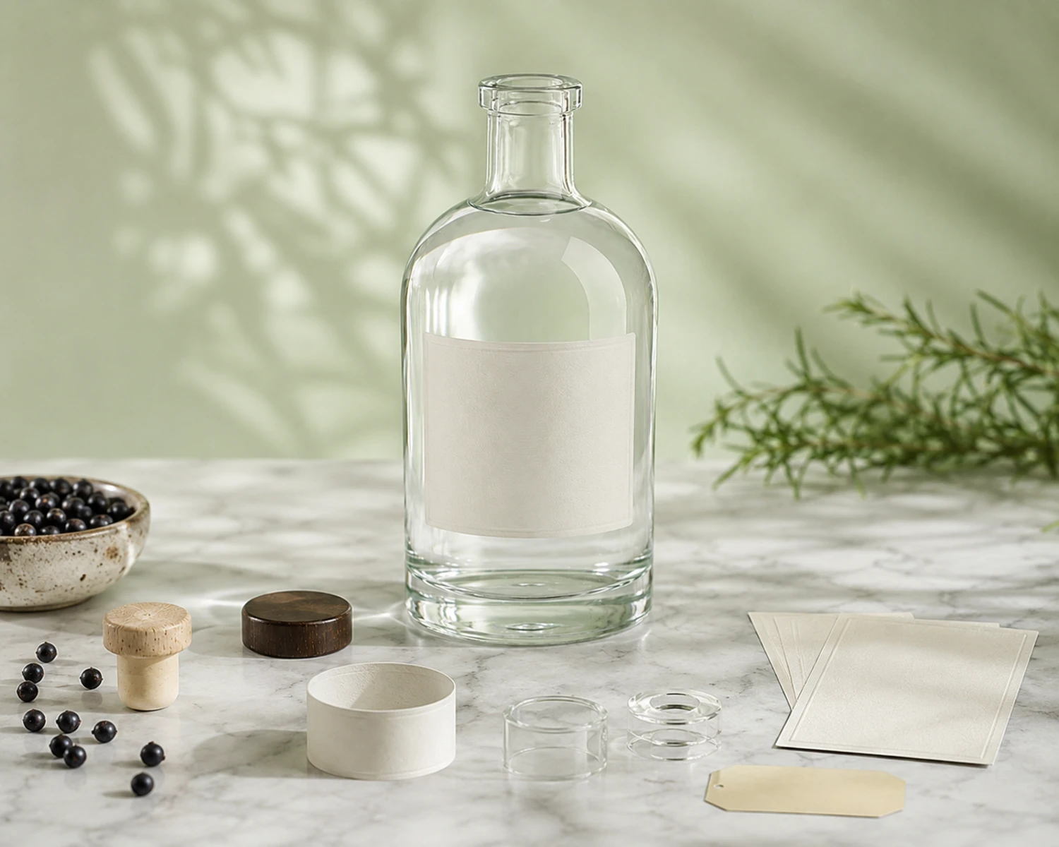 accessories detail image of Round-Shoulder Gin Glass Bottle showing closure, cap, cork or liquor bottle components