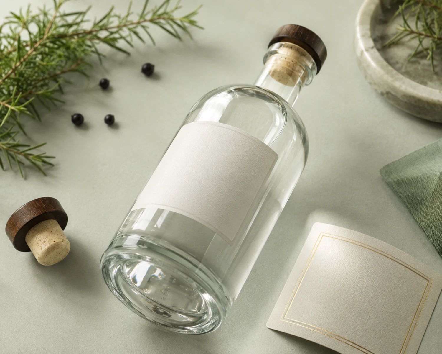 decoration process detail image of Round-Shoulder Gin Glass Bottle showing finish, label area or glass treatment