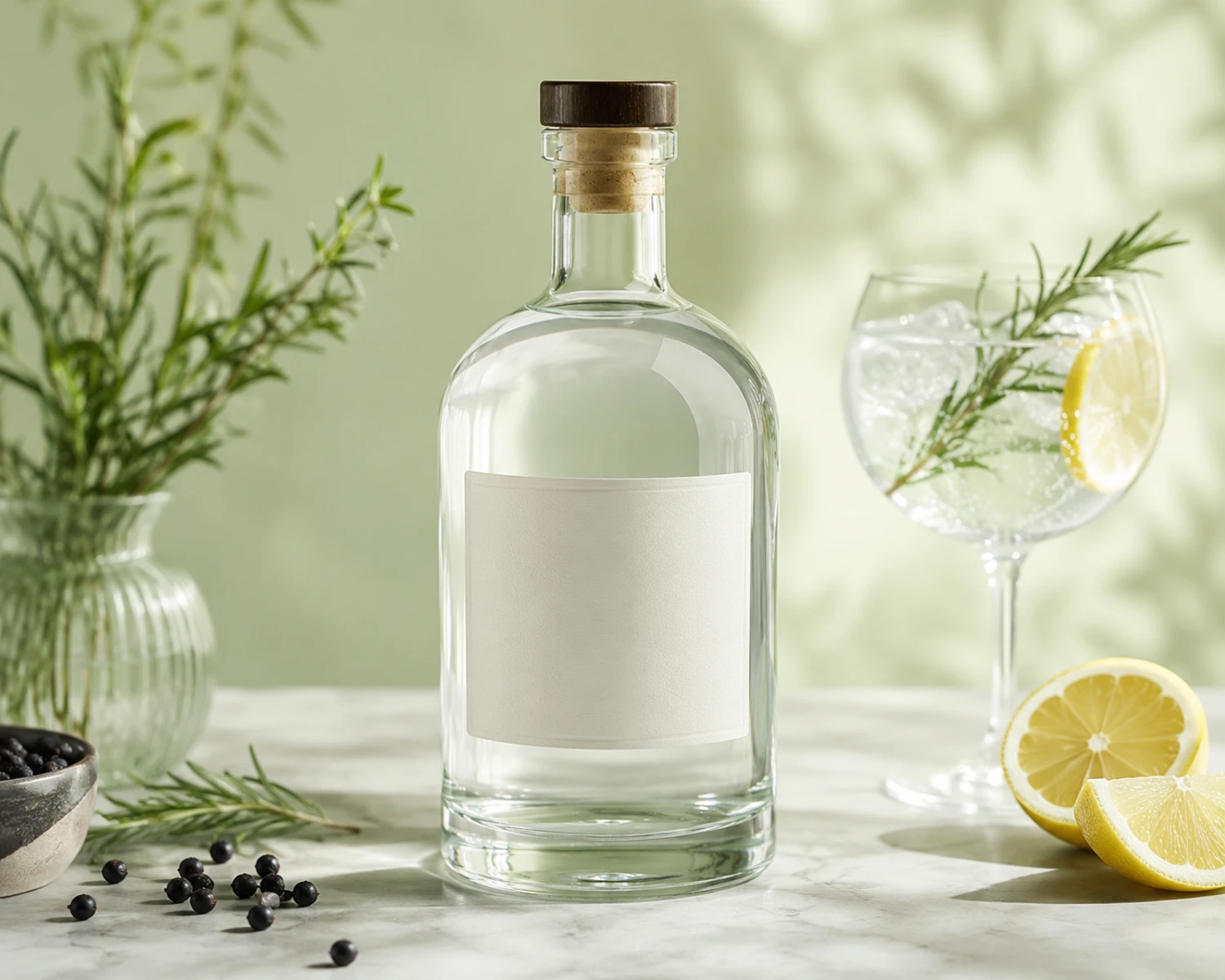 Round-Shoulder Gin Glass Bottle finished bottle campaign image showing premium liquor glass packaging presentation