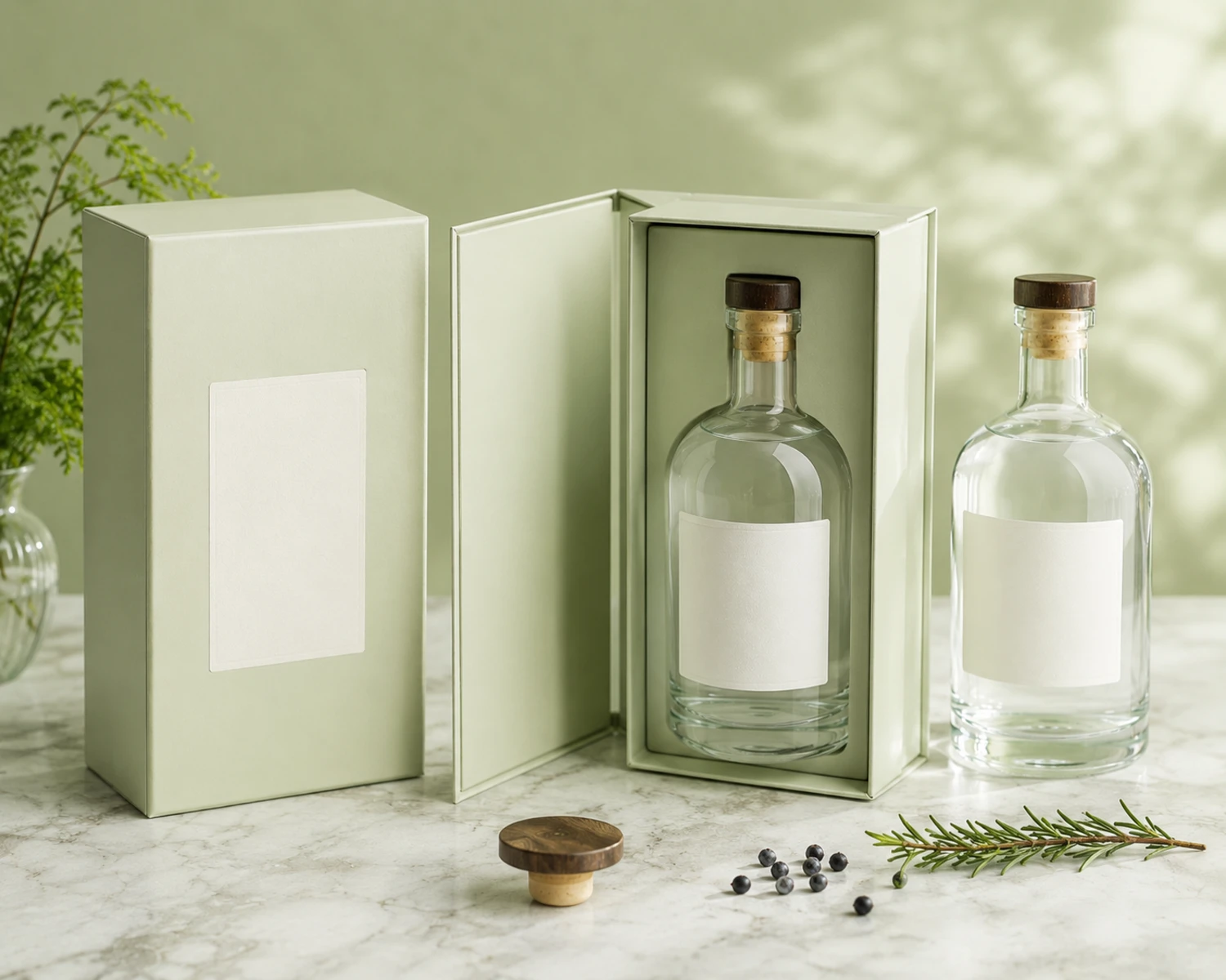 packaging detail image of Round-Shoulder Gin Glass Bottle showing premium liquor retail or gift packaging
