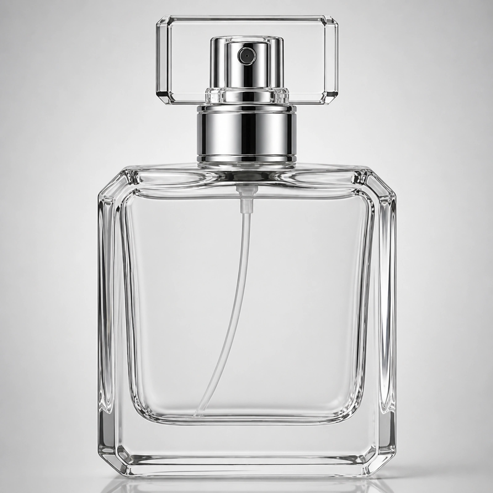 Chamfered Square Perfume glass perfume bottle with sprayer and cap - front view