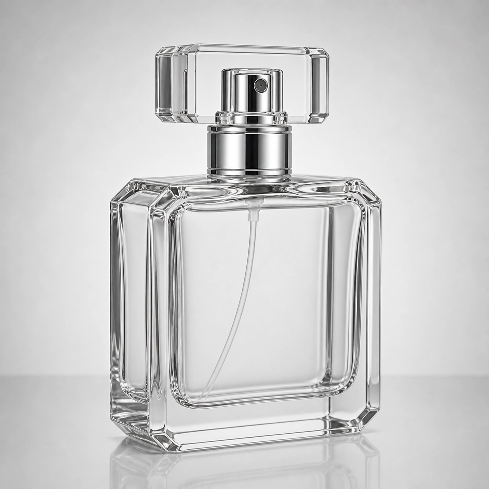 Chamfered Square Perfume glass perfume bottle with sprayer and cap - closure detail