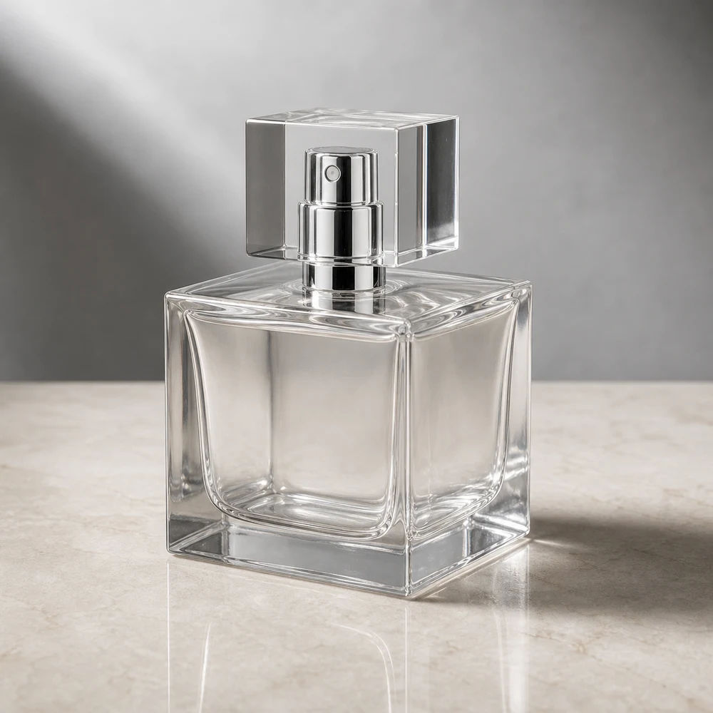 Cube Perfume glass perfume bottle with sprayer and cap - closure detail