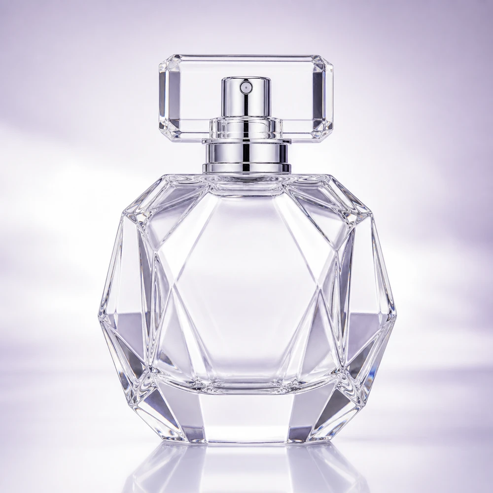 Faceted Perfume glass perfume bottle with sprayer and cap - front view