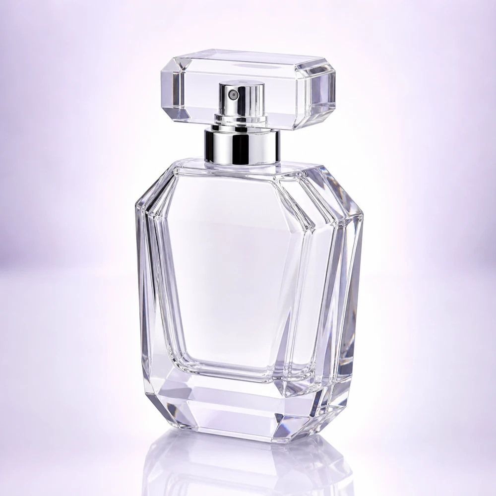 Faceted Perfume glass perfume bottle with sprayer and cap - closure detail