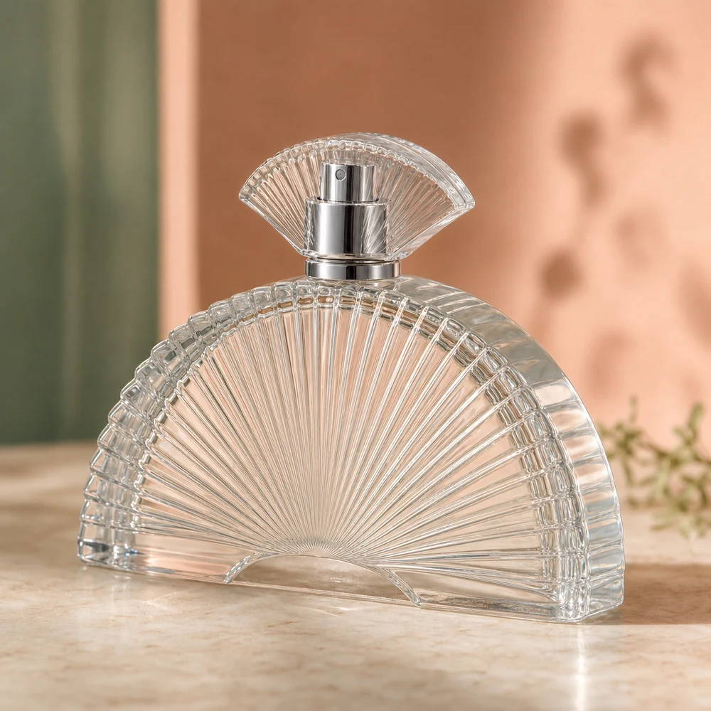 Fan Shape Perfume glass perfume bottle with sprayer and cap - closure detail