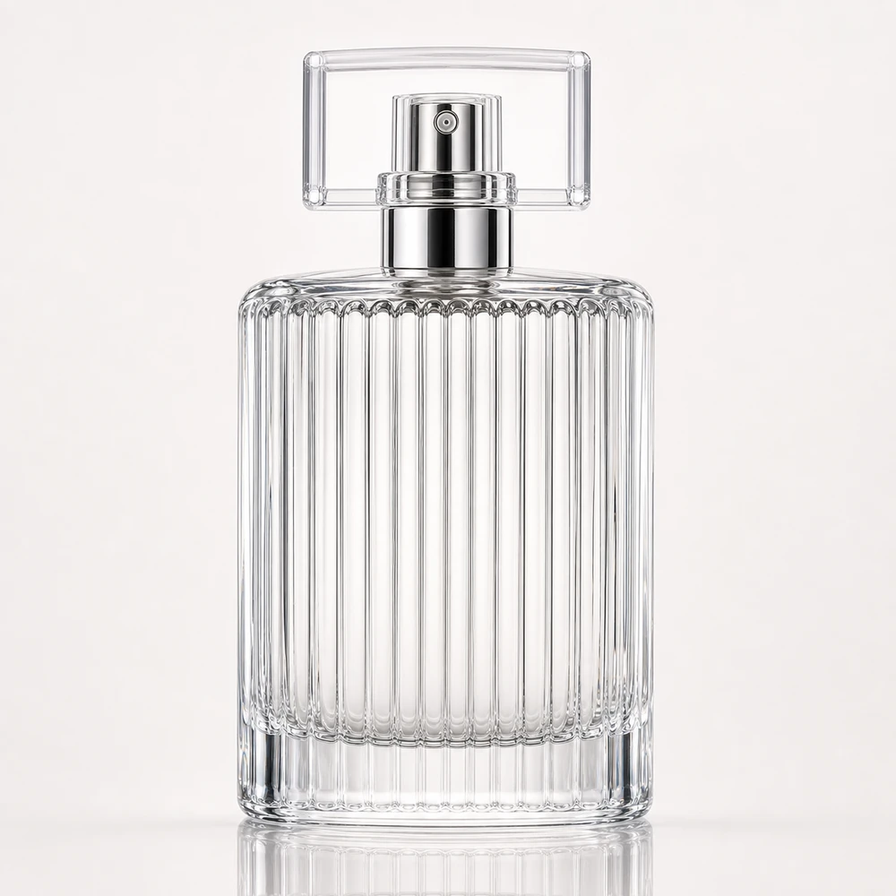Fluted Perfume glass perfume bottle with sprayer and cap - front view
