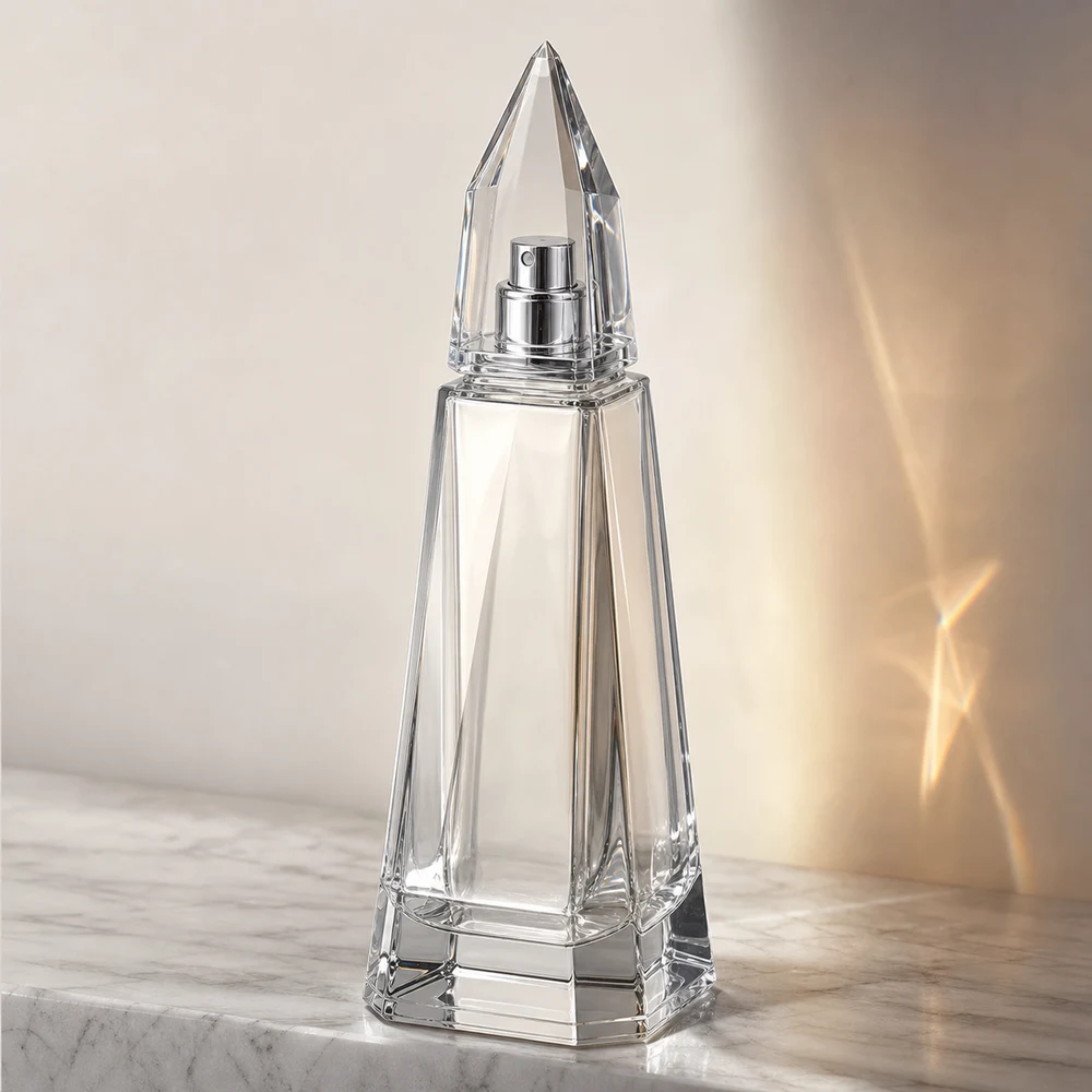 Obelisk Shape Perfume glass perfume bottle with sprayer and cap - closure detail
