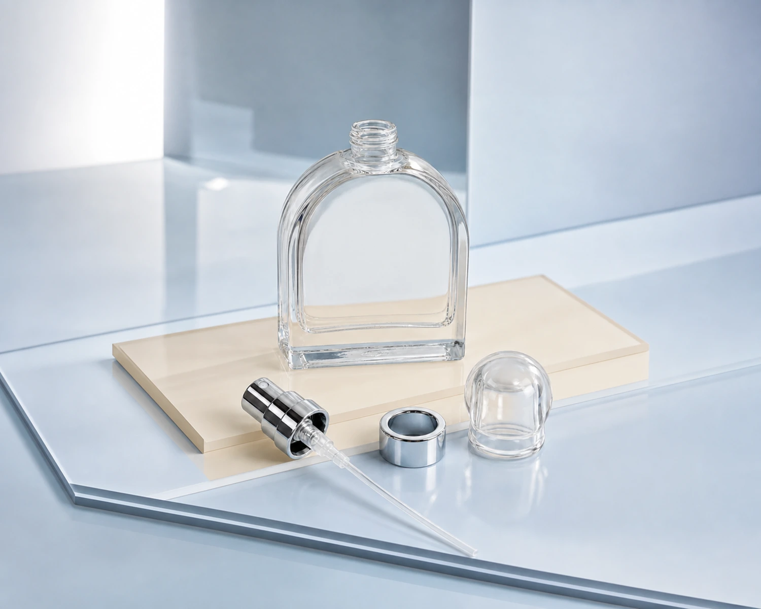 Arch Shape Perfume Bottle sprayer cap and accessory detail for custom glass fragrance packaging
