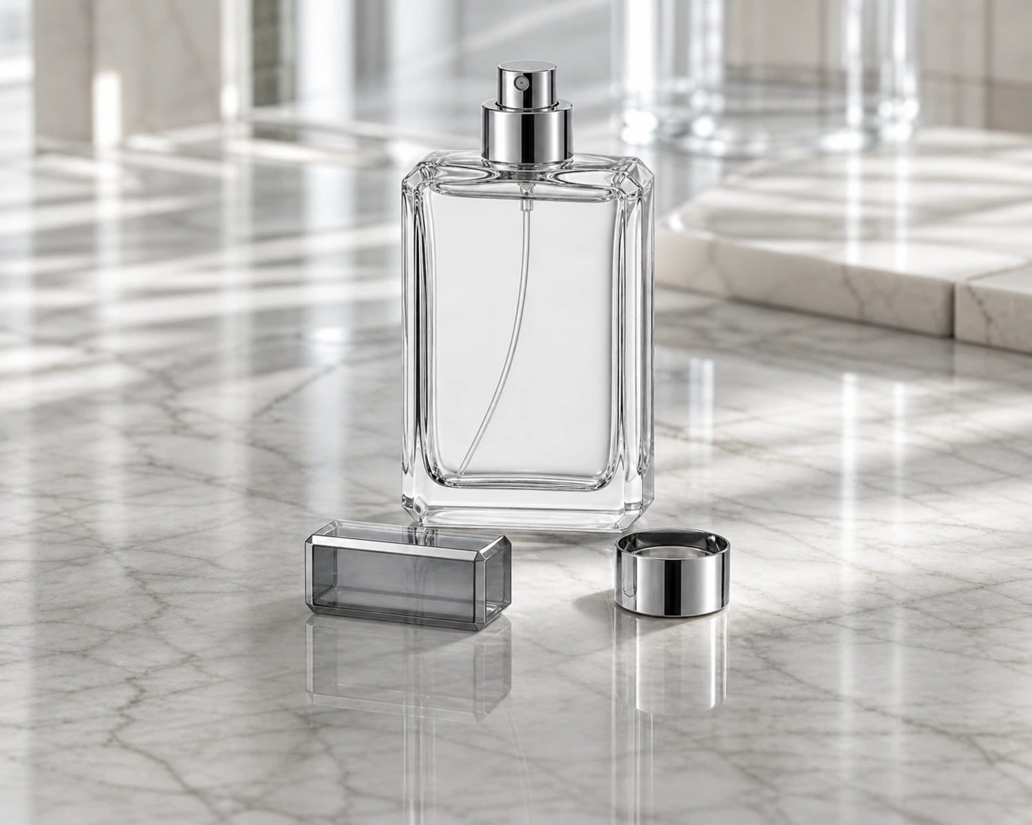 closure detail image of Beveled Edge Perfume Bottle showing sprayer, cap and fragrance packaging components