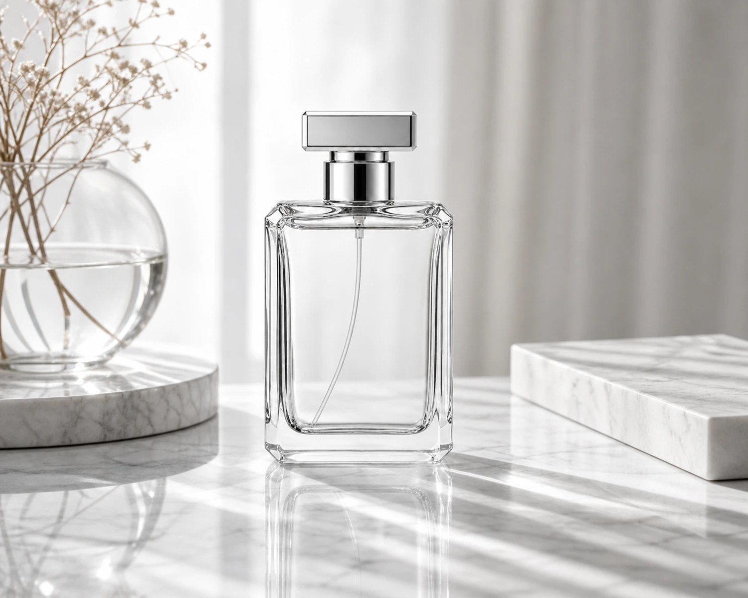 Beveled Edge Perfume Bottle finished campaign image showing luxury glass perfume packaging presentation