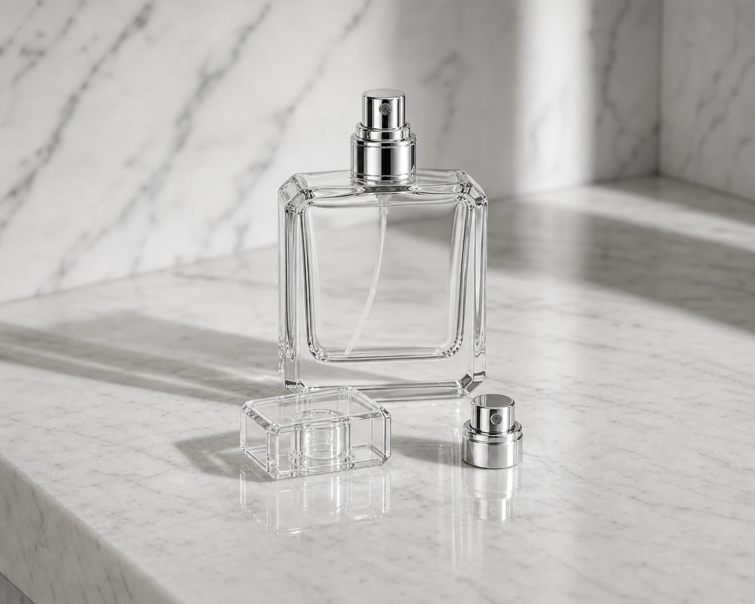 closure detail image of Chamfered Square Perfume Bottle showing sprayer, cap and fragrance packaging components