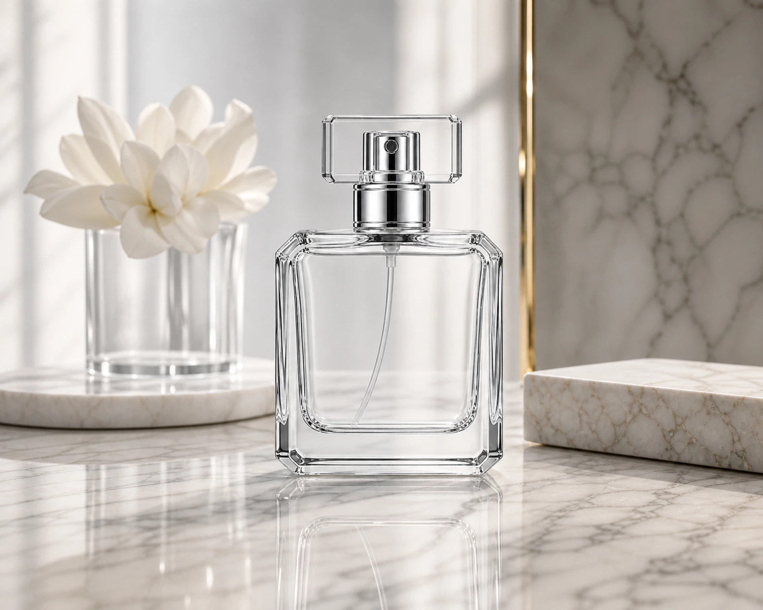 Chamfered Square Perfume Bottle finished campaign image showing luxury glass perfume packaging presentation