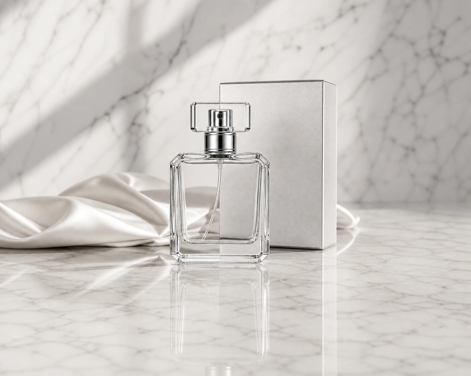 retail packaging image of Chamfered Square Perfume Bottle showing premium perfume box presentation