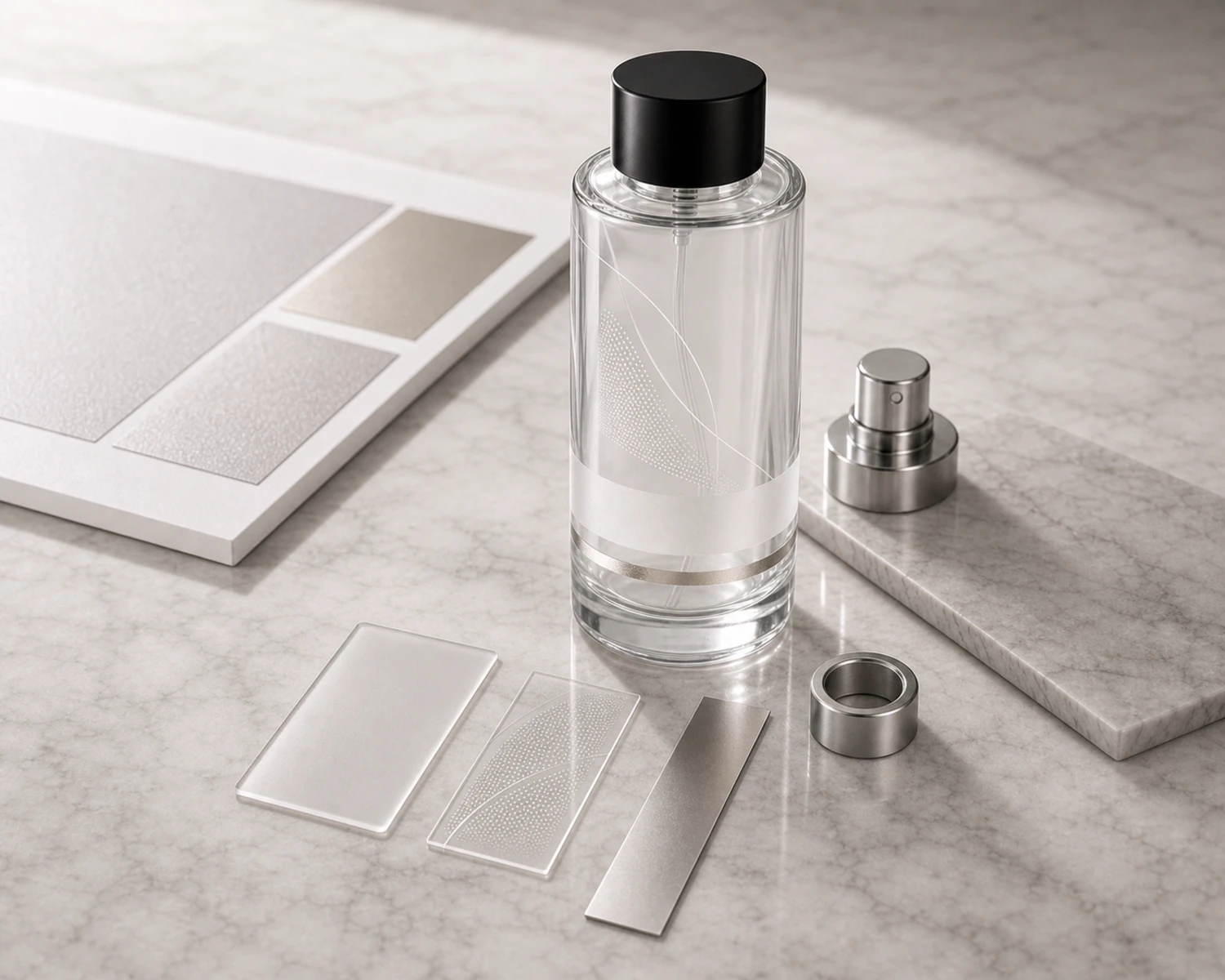 decoration process detail image of Cylindrical Glass Perfume Bottle showing finish, printing or surface treatment