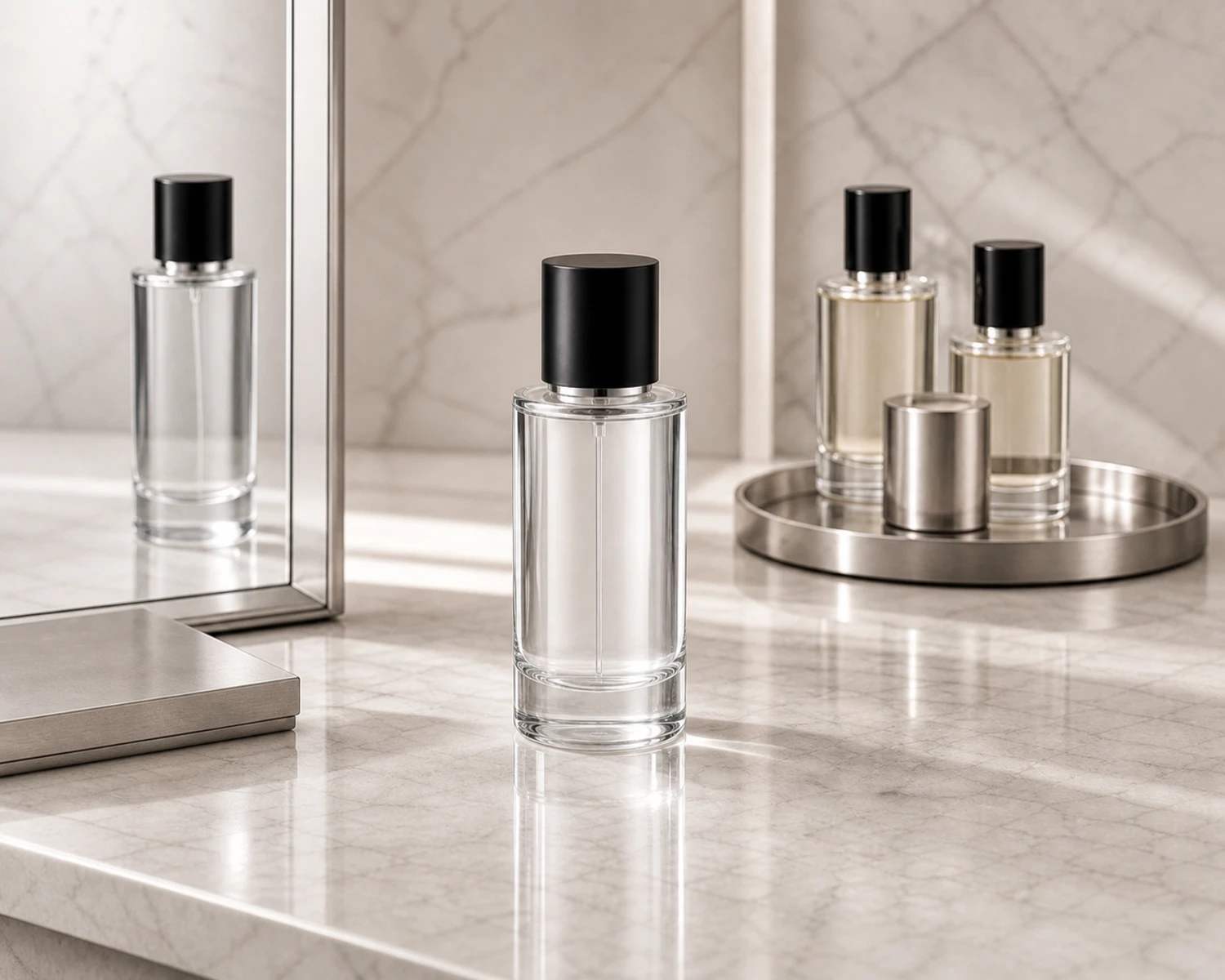 Cylindrical Glass Perfume Bottle finished bottle campaign image showing luxury perfume packaging presentation