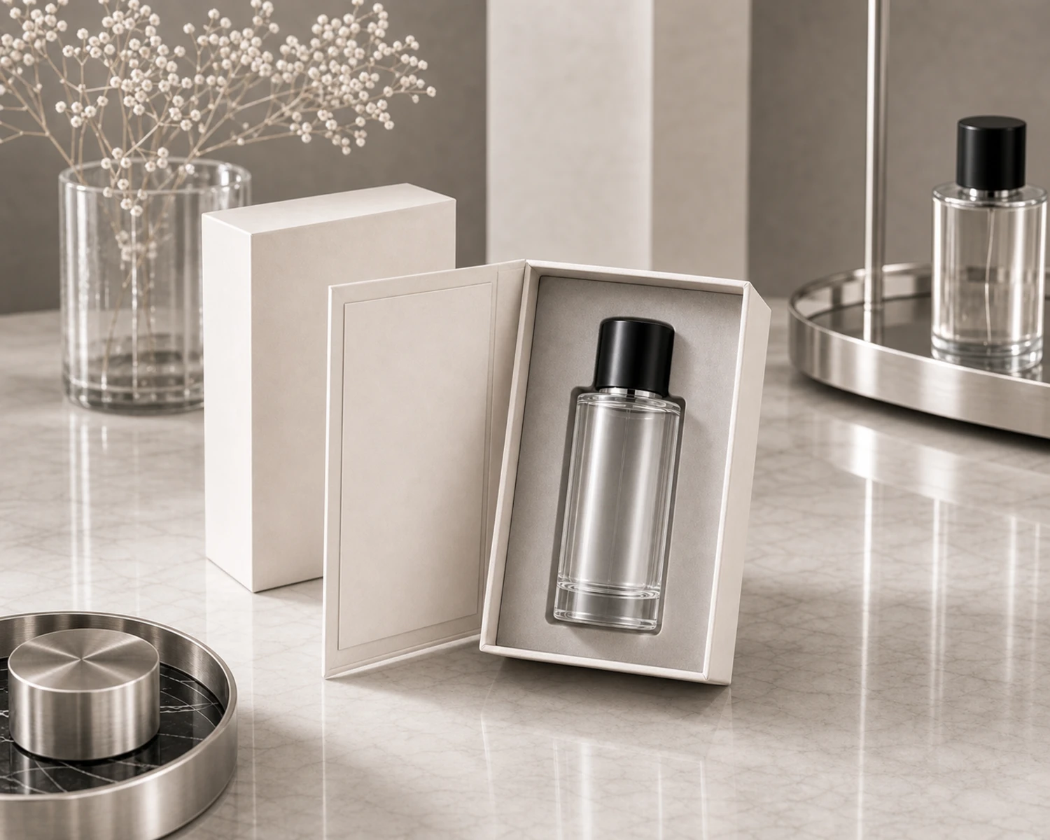 gift box packaging image of Cylindrical Glass Perfume Bottle showing premium perfume retail box presentation