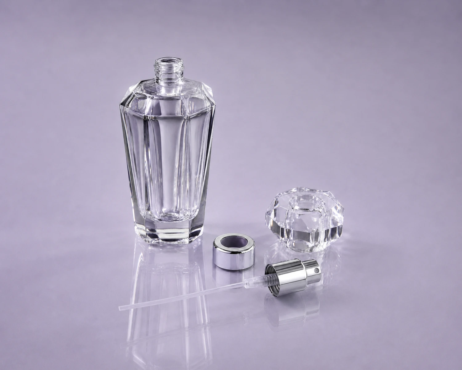 Faceted Perfume Bottle sprayer cap and accessory detail for custom glass fragrance packaging