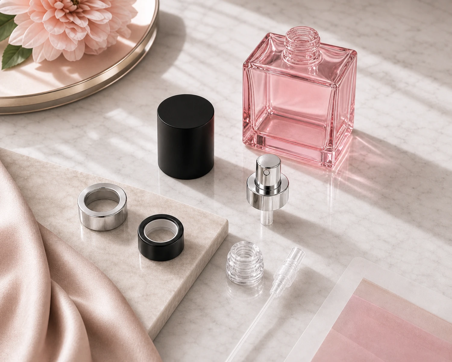 accessories detail image of Flat Square Glass Perfume Bottle showing sprayer, cap and perfume packaging components