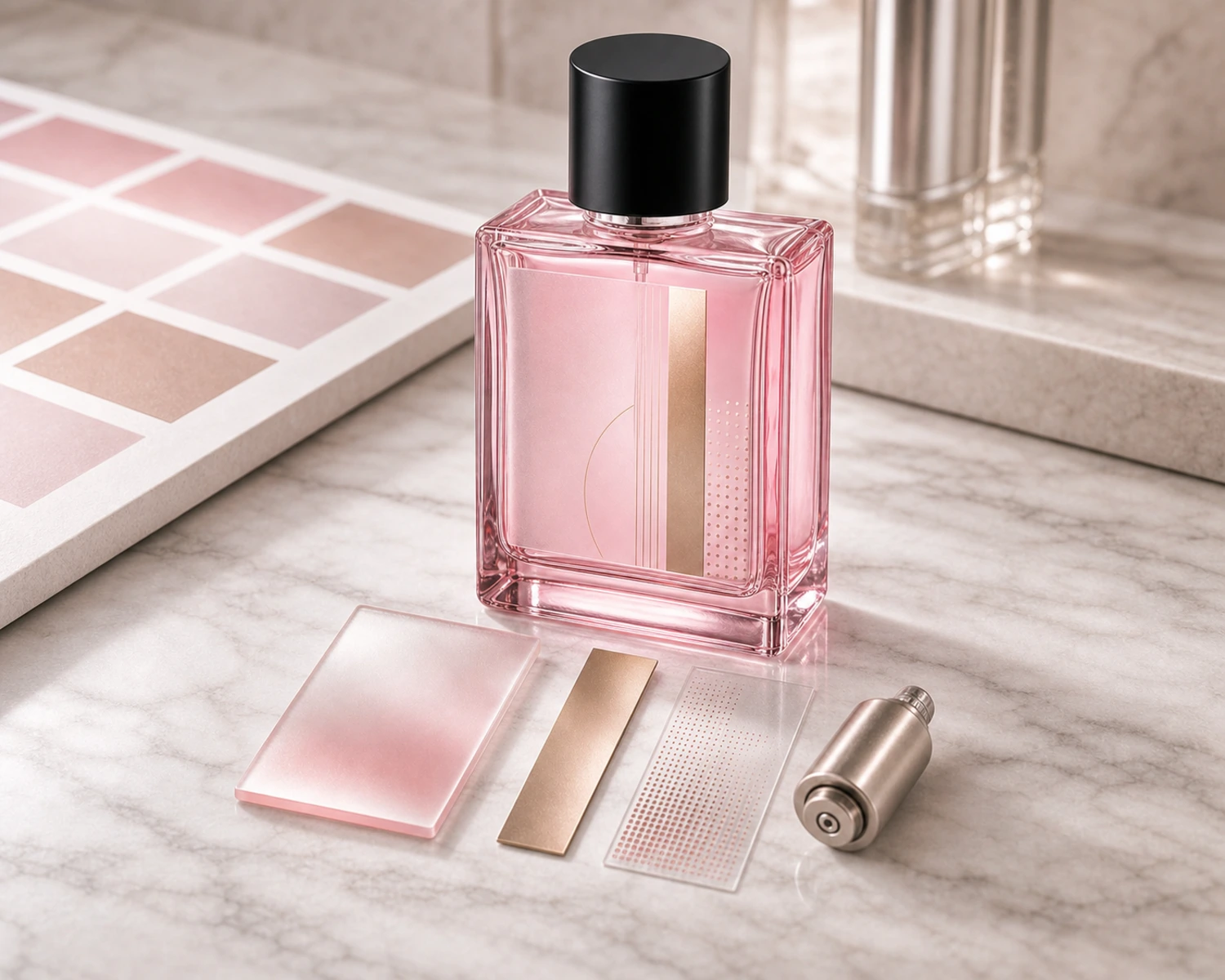 decoration process detail image of Flat Square Glass Perfume Bottle showing finish, printing or surface treatment