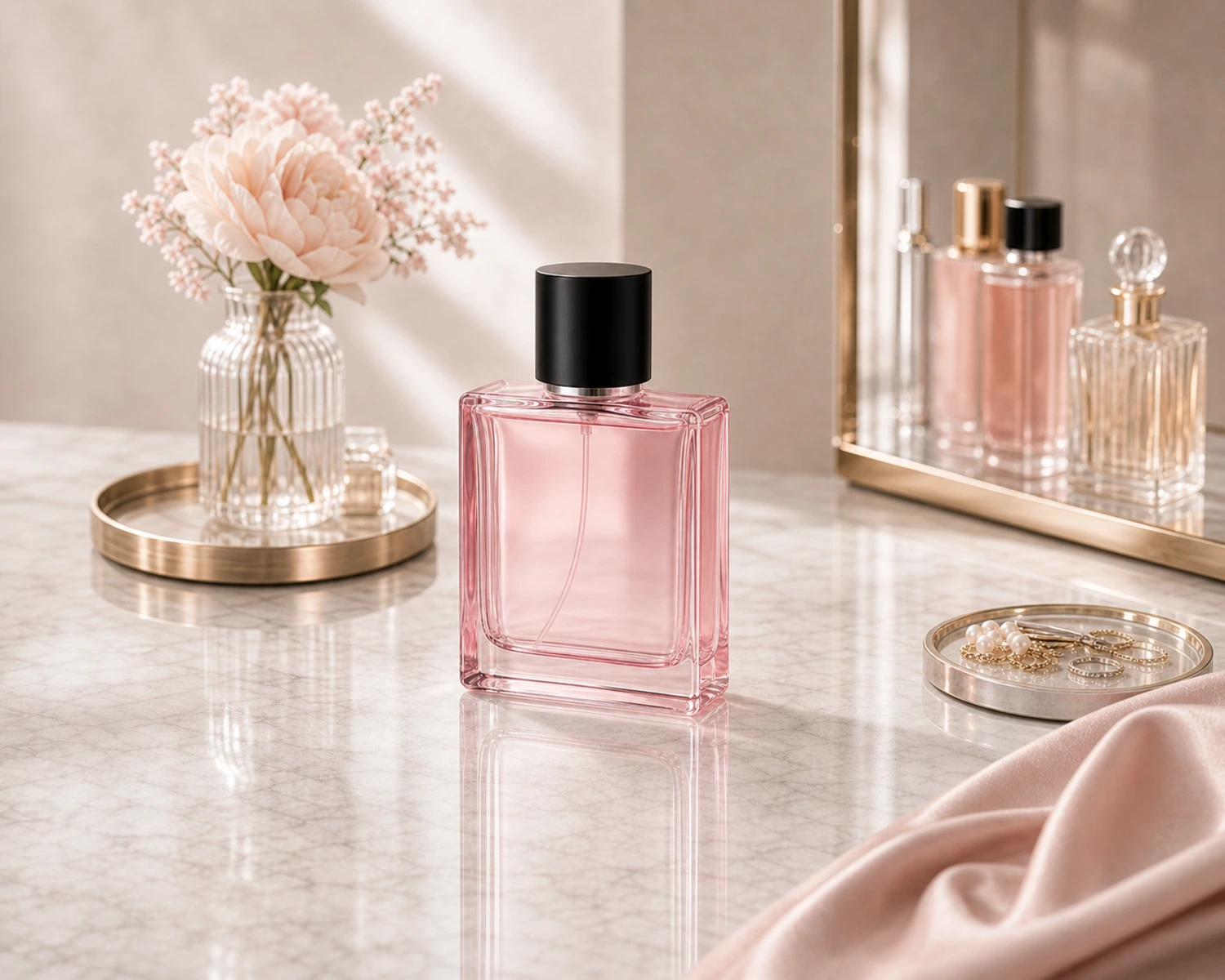 Flat Square Glass Perfume Bottle finished bottle campaign image showing luxury perfume packaging presentation