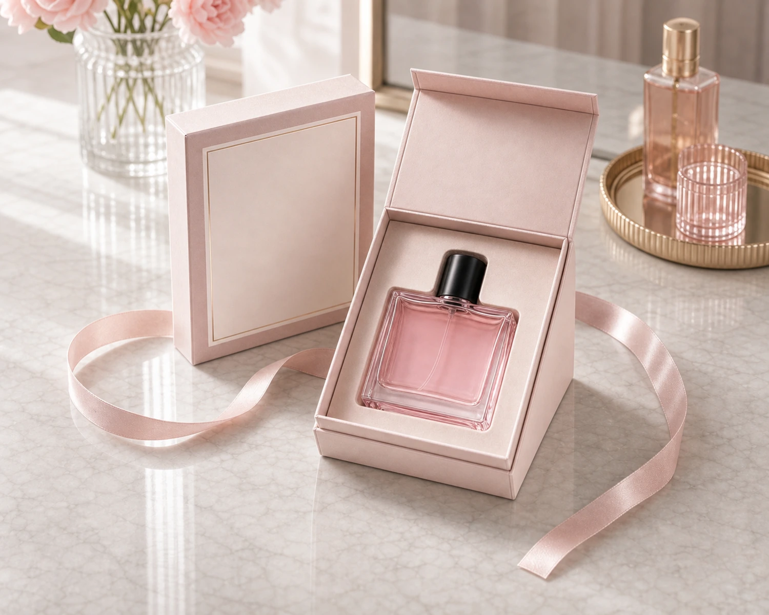 gift box packaging image of Flat Square Glass Perfume Bottle showing premium perfume retail box presentation