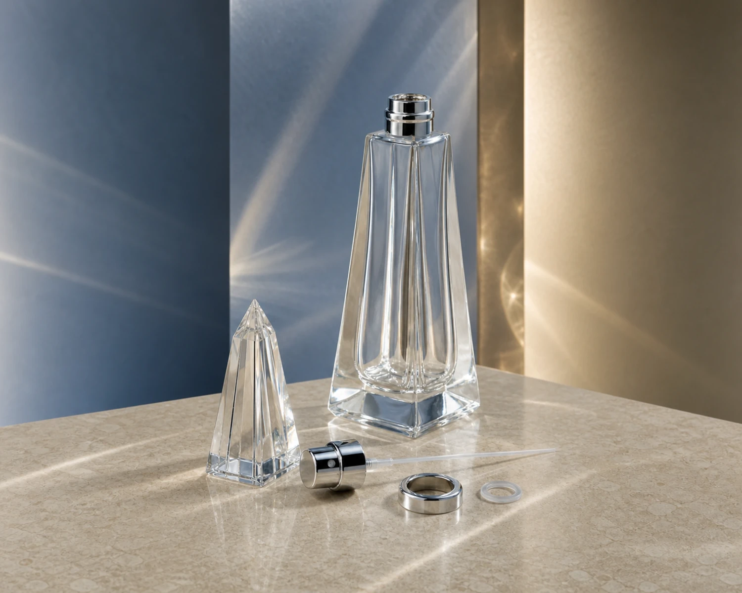 Obelisk Shape Perfume Bottle sprayer cap and accessory detail for custom glass fragrance packaging